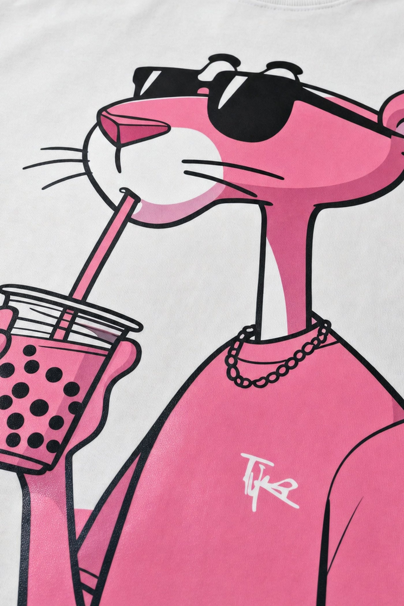 FFS cropped 2:3 | original_media:gid://shopify/MediaImage/30934118858855 | position:3 | Forfksake Pink Panther Boba Tea White T-Shirt