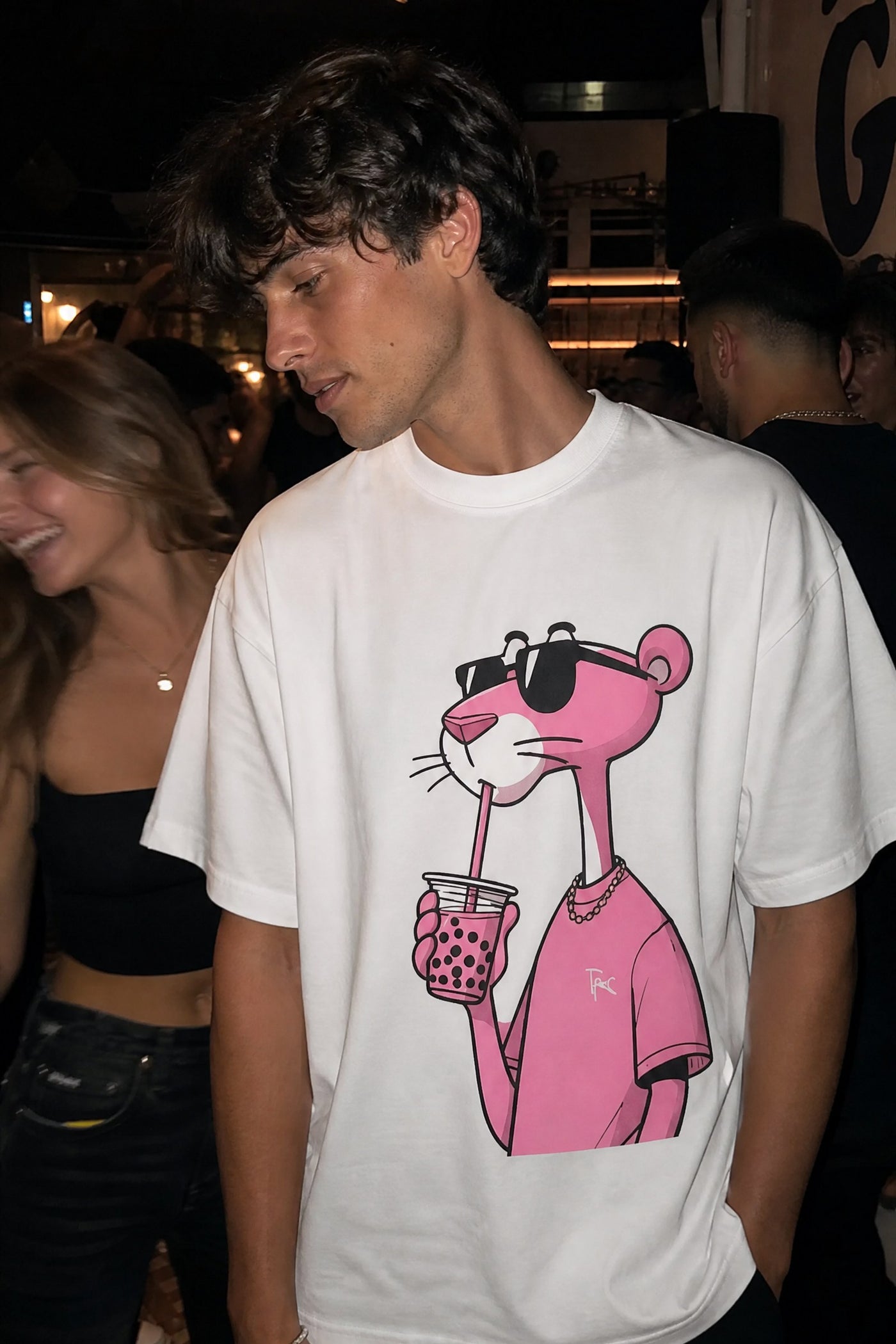 FFS cropped 2:3 | original_media:gid://shopify/MediaImage/30934118957159 | position:4 | Forfksake Pink Panther Boba Tea White T-Shirt