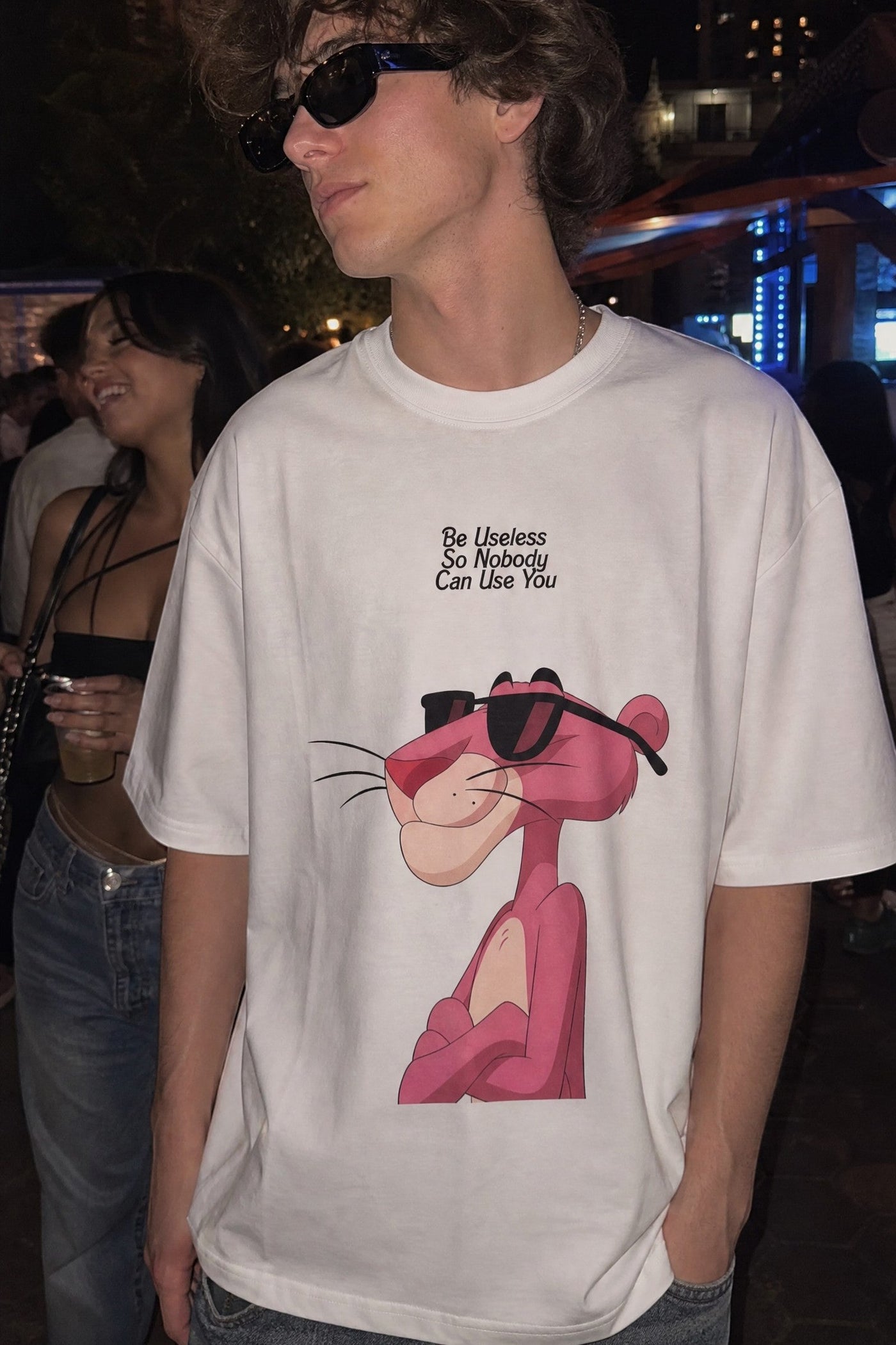 FFS cropped 2:3 | original_media:gid://shopify/MediaImage/30934121676903 | position:4 | Forfksake Pink Panther Useless Graphic T-Shirt White