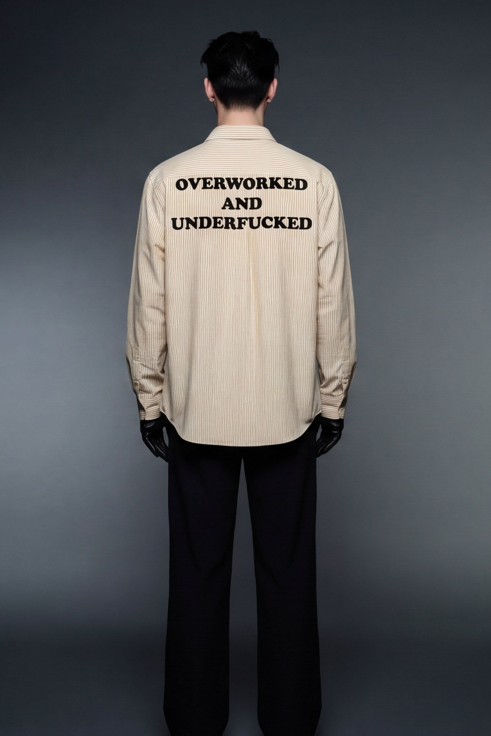 FFS cropped 2:3 | original_media:gid://shopify/MediaImage/30934108078183 | position:6 | Forfksake Overworked And Underfucked Stripe Shirt Beige