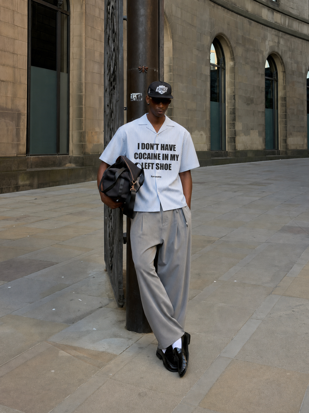 Forfksake I Don't Have Cocaine Boxy Fit Blue Striped Shirt – model front