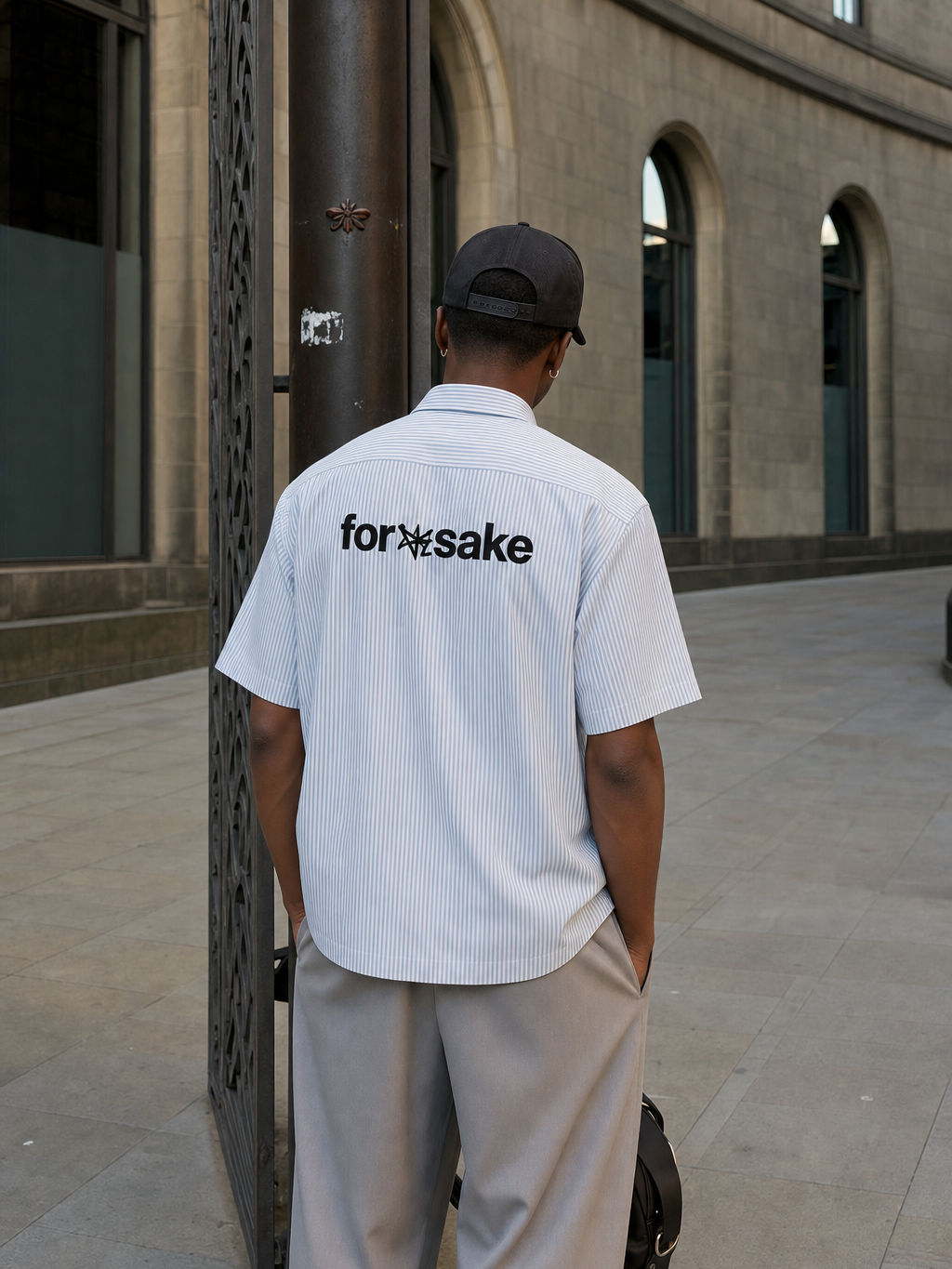 Forfksake Disaster Boxy Fit Blue Striped Shirt – model back
