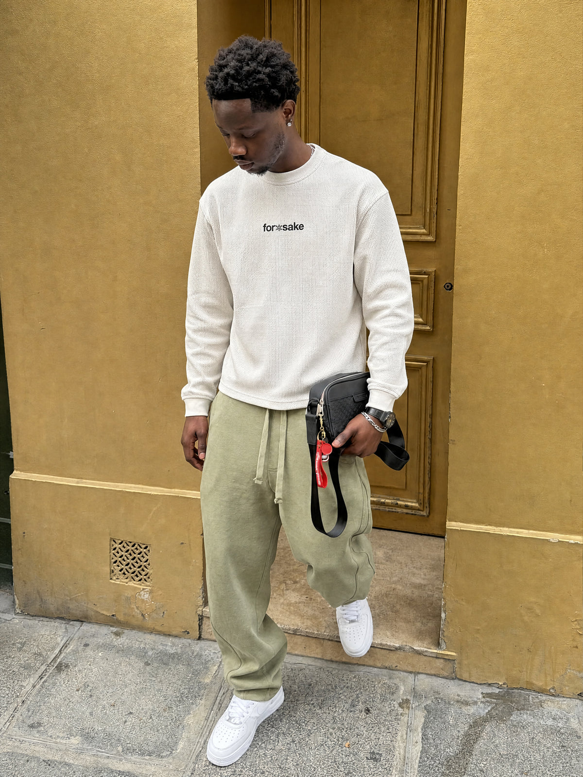 Forfksake Don't Stop Working Waffle Long Sleeve T-Shirt Off White