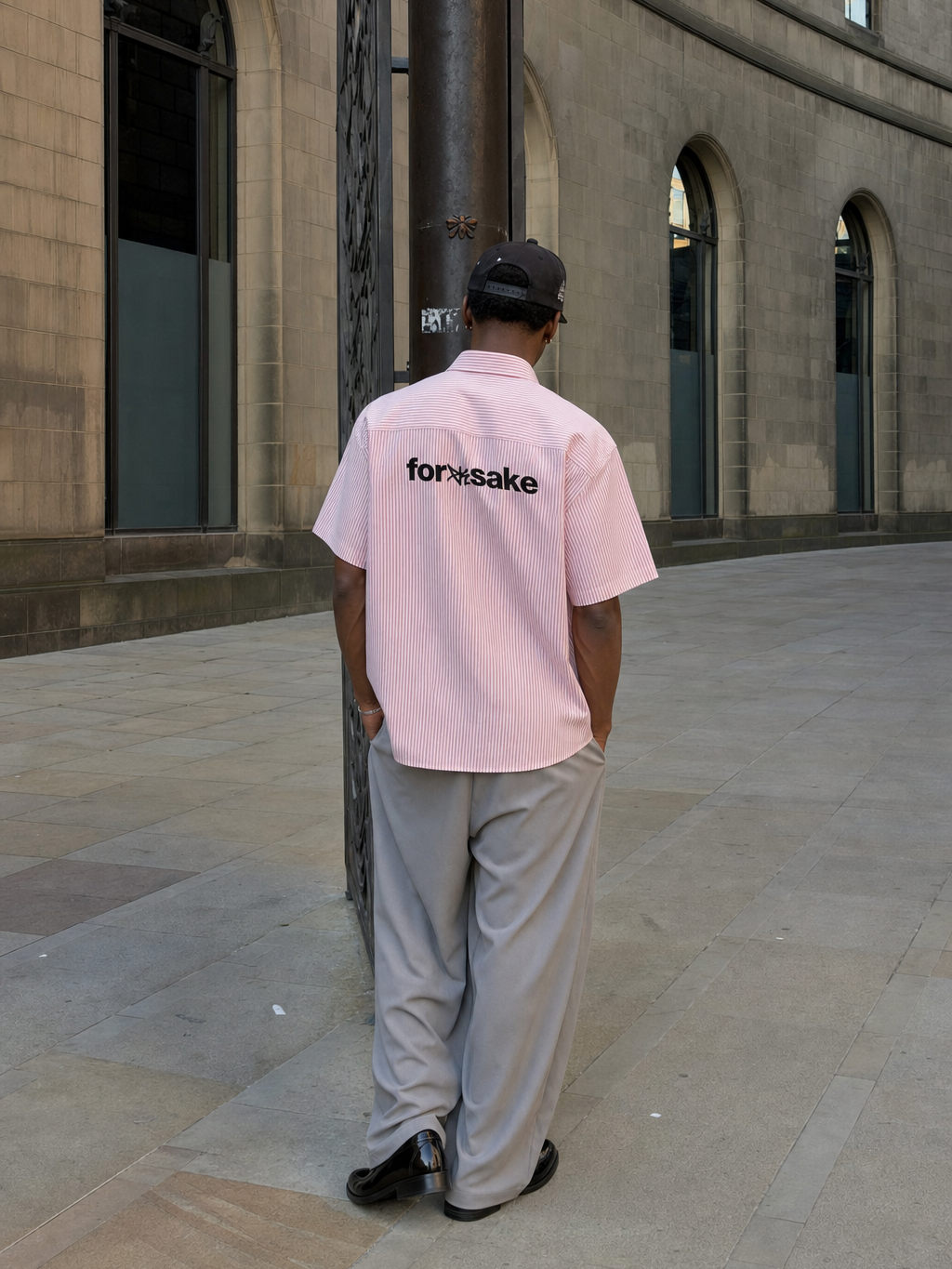 Forfksake Stole It Boxy Fit Pink Striped Shirt – model back