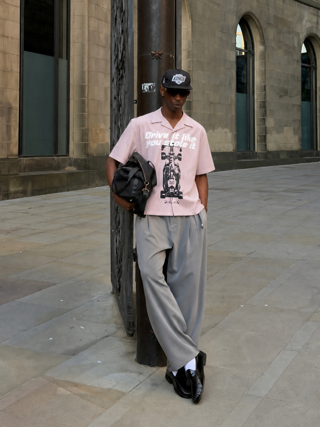 Forfksake Stole It Boxy Fit Pink Striped Shirt – model front