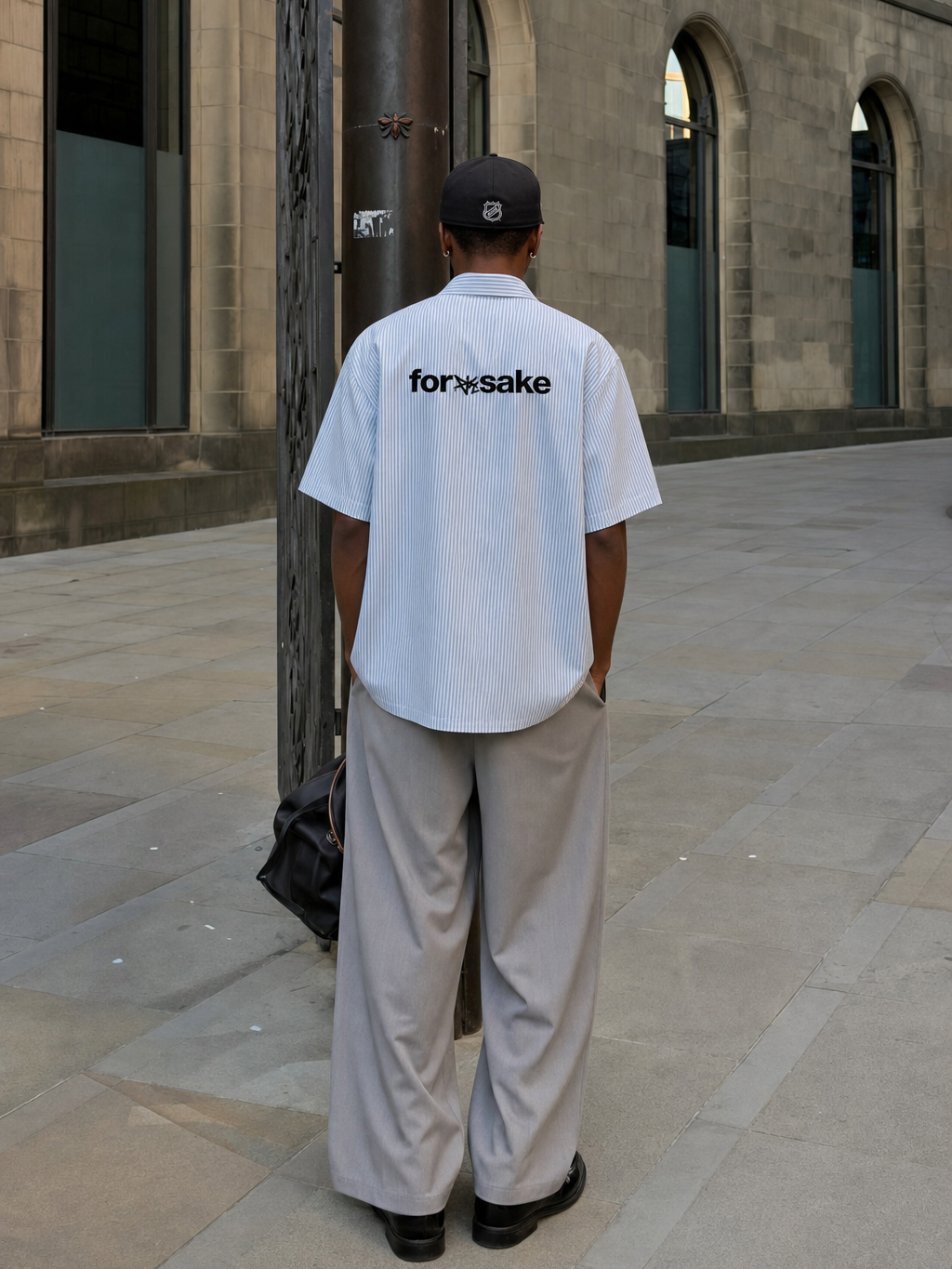 Forfksake Be The Problem Boxy Fit Blue Striped Shirt – model back