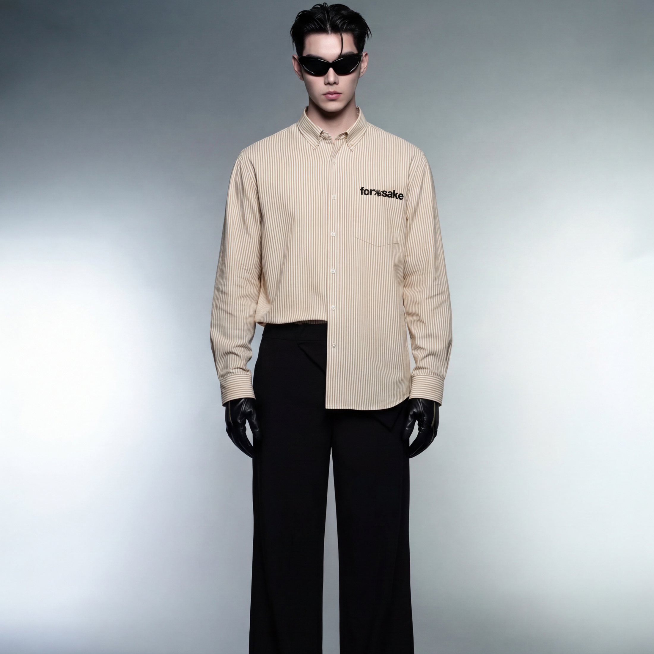 forfksake-small-circle-big-checks-striped-shirt-blue model front